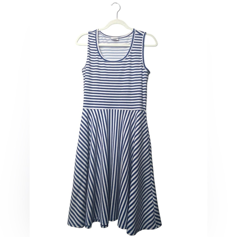 LuLaRoe Blue & White Striped Fit & Flare Midi Dress (Size M) – With Pockets!